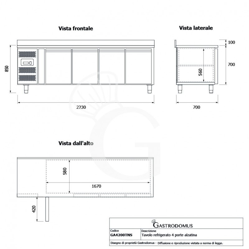 Tavolo Refrigerato 4 porte alzatina Prof. 700 mm +2°C/+8°C motore a sinistra classe energetica E - Vista frontale e laterale