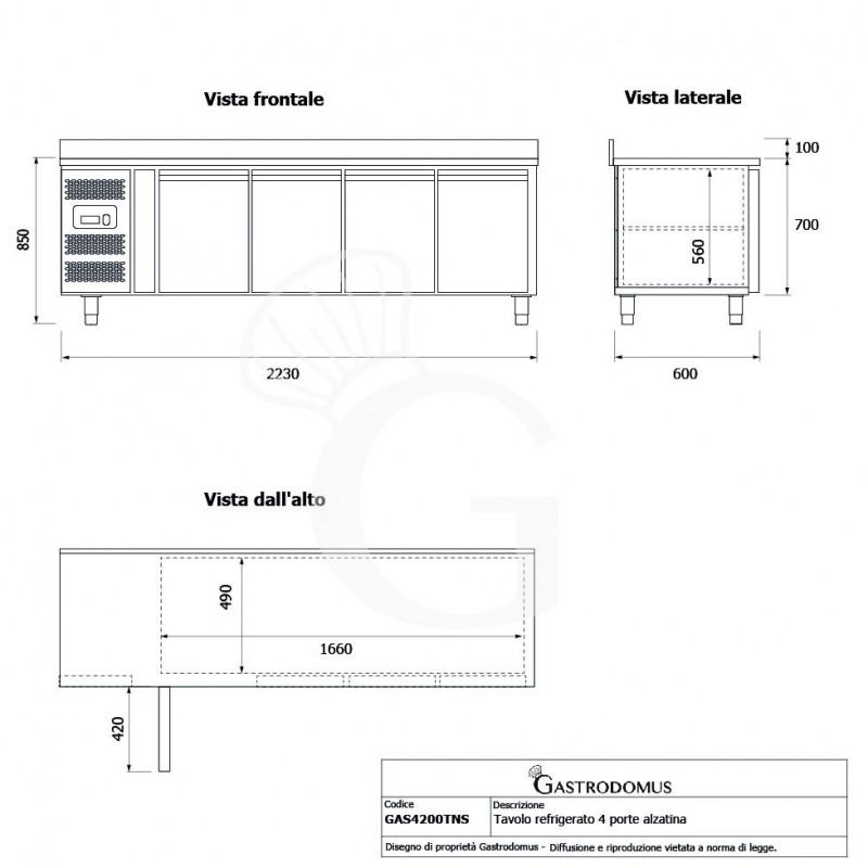 Tavolo Refrigerato 4 porte alzatina Prof. 600 mm +2°C/+8°C motore a sinistra