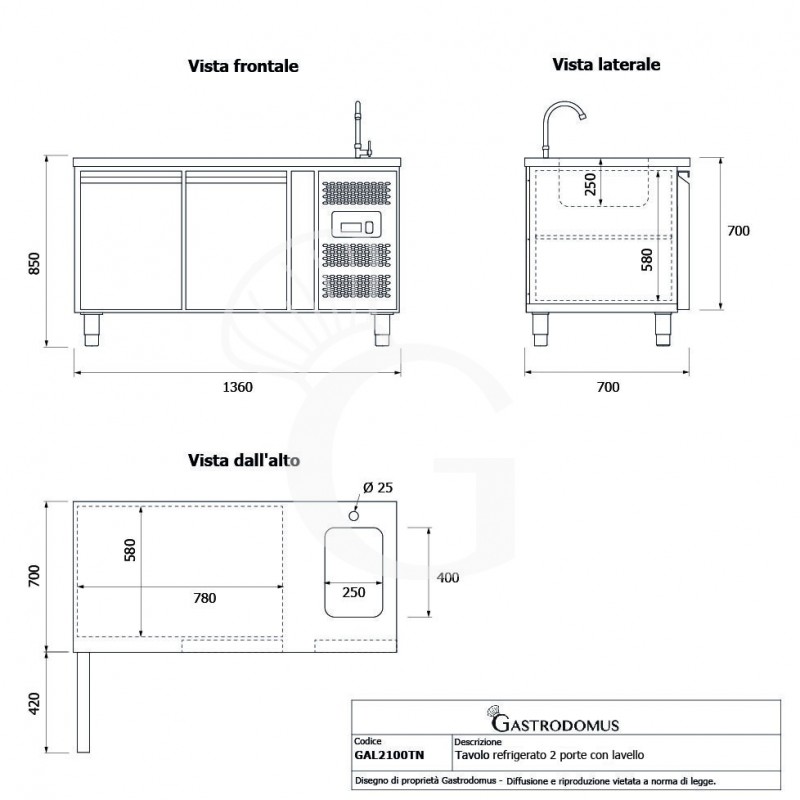 Tavolo refrigerato 2 porte con lavello,motore a destra,Prof. 700 mm,temp +2°C/+8°C, completo di rubinetto classe energetica B