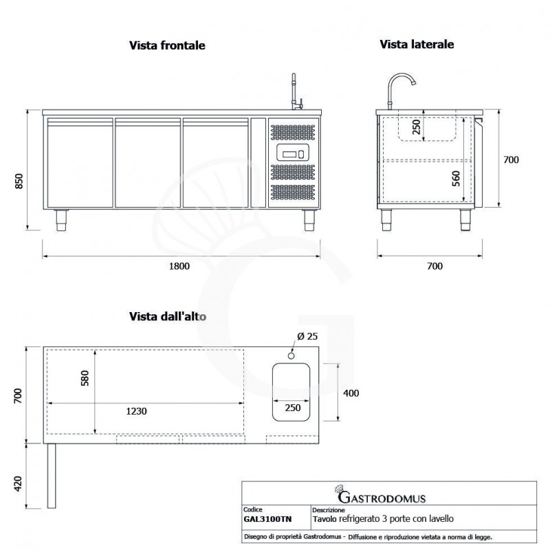 Tavolo refrigerato 3 porte con lavello,motore a destra,Prof. 700 mm,temp +2°C/+8°C, completo di rubinetto classe energetica B