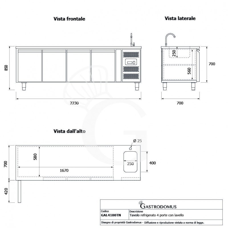 Tavolo refrigerato 4 porte con lavello,motore a destra,Prof. 700 mm,temp +2°C/+8°C, completo di rubinetto classe energetica B