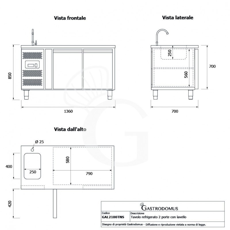 Tavolo refrigerato 2 porte con lavello,motore a sinistra,Prof. 700 mm,temp +2°C/+8°C, completo di rubinetto, classe energetica B
