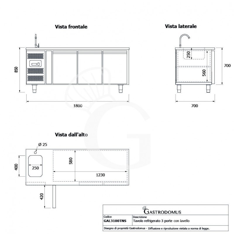 Tavolo refrigerato 3 porte con lavello,motore a sinistra,Prof. 700 mm,temp +2°C/+8°C, completo di rubinetto classe energetica B