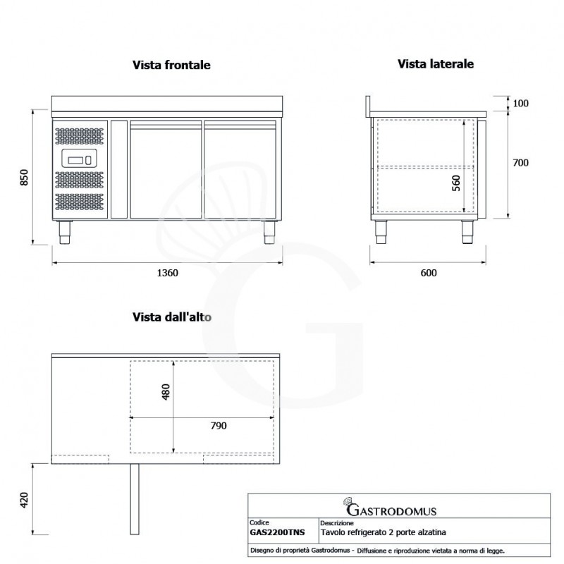 Tavolo Refrigerato 2 porte alzatina Prof. 600 mm +2°C/+8°C motore a sinistra