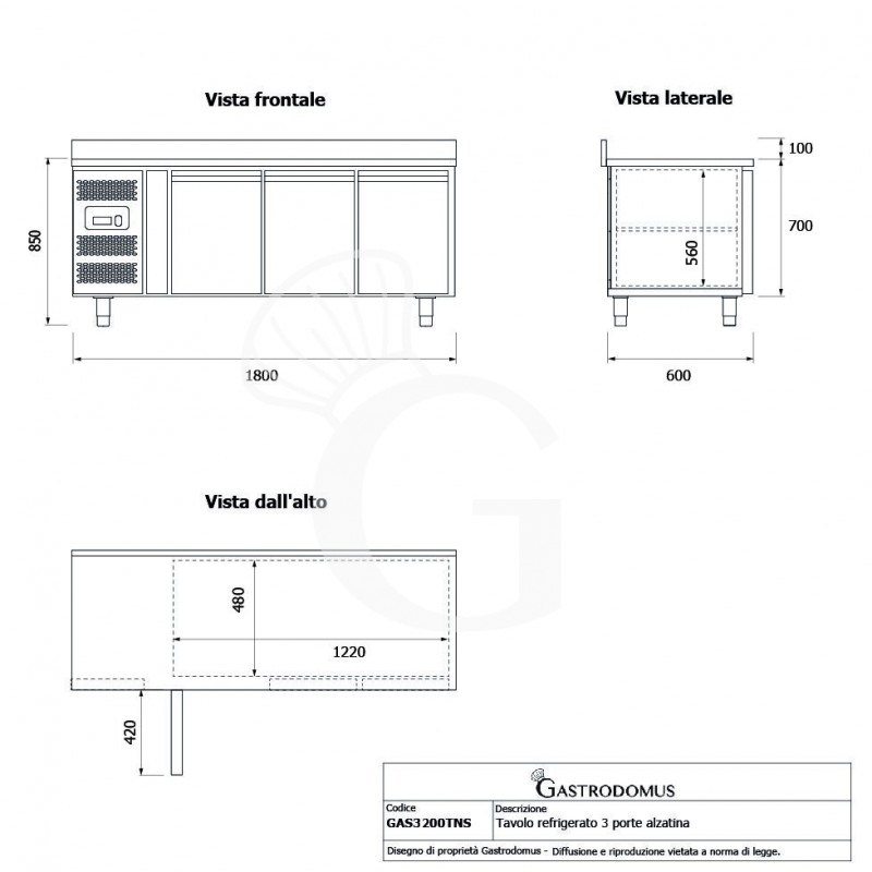 Tavolo Refrigerato 3 porte alzatina Prof. 600 mm +2°C/+8°C motore a sinistra