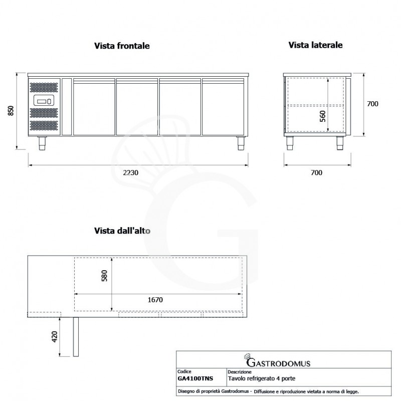 Tavolo Refrigerato 4 porte Prof. 600 mm +2°C/+8°C motore a sinistra
