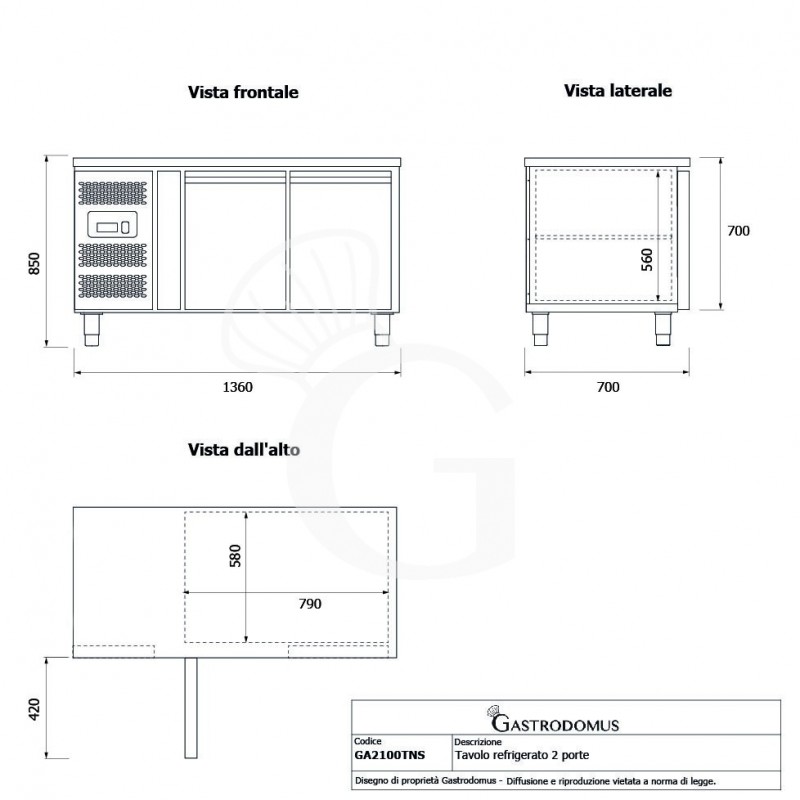 Tavolo Refrigerato 2 porte Prof. 700 mm +2°C/+8°C motore a sinistra classe energetica E