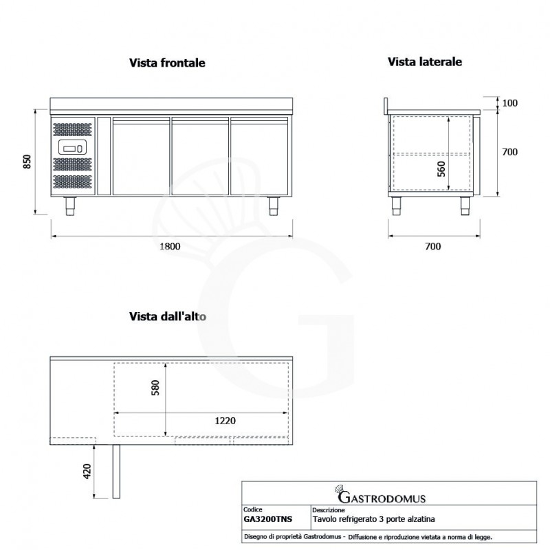 Tavolo Refrigerato 3 porte alzatina Prof. 700 mm +2°C/+8°C motore a sinistra classe energetica B
