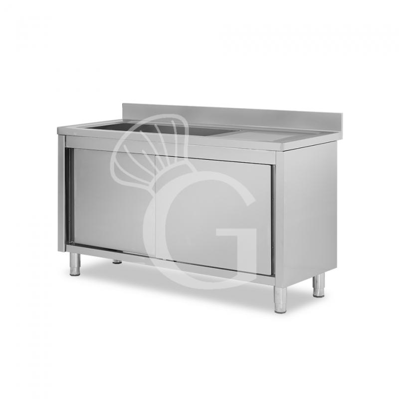 Lavello armadiato con porte scorrevoli,1 vasca,gocciolatoio a destra,alzatina,L1500xP600xH965mm - con foro rubinetto Ø 32 mm