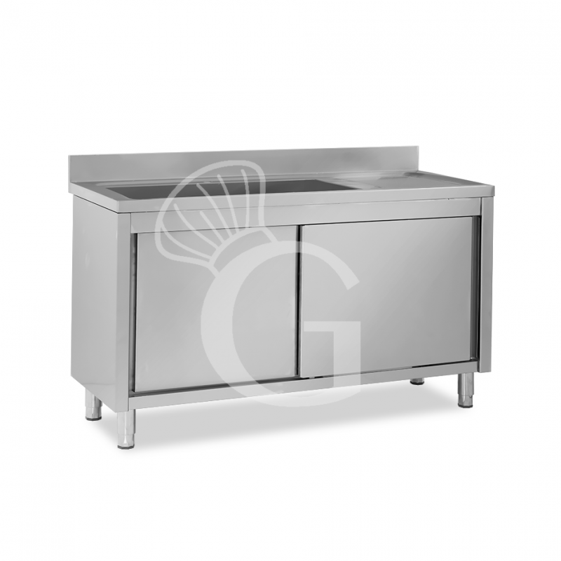 Lavello armadiato con porte scorrevoli,1 vasca,gocciolatoio a destra,alzatina,L1500xP600xH965mm - con foro rubinetto Ø 32 mm