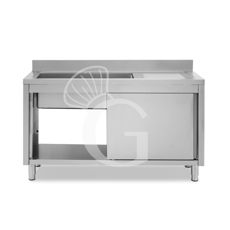 Lavello armadiato con porte scorrevoli,1 vasca,gocciolatoio a destra,alzatina,L1500xP600xH965mm - con foro rubinetto Ø 32 mm