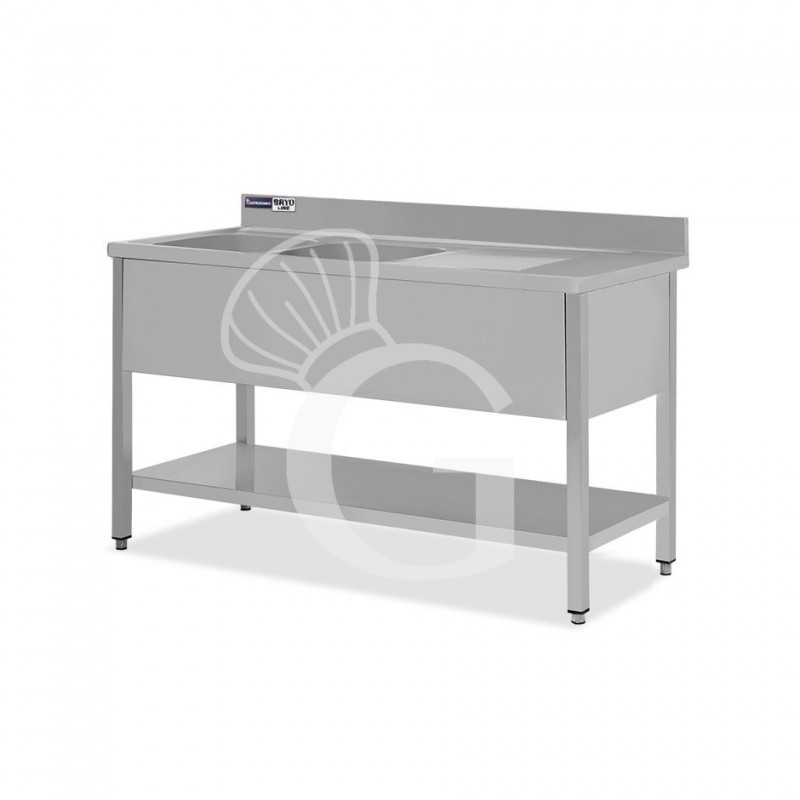 Lavello semplice con alzatina, 1 ripiano, 2 vasche, gocciolatoio a destra, L1400xP600xH965mm - con foro rubinetto Ø 32 mm