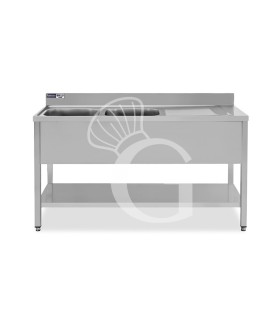 Lavello semplice con alzatina, 1 ripiano, 2 vasche, gocciolatoio a destra, L1400xP600xH965mm - con foro rubinetto Ø 32 mm