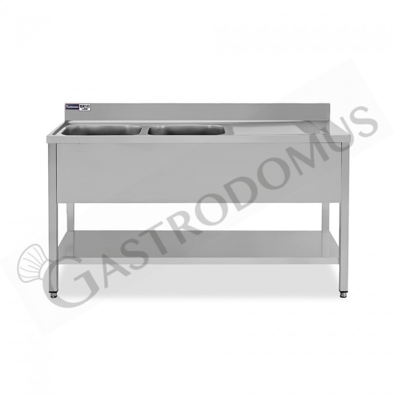 Lavello semplice con alzatina, 1 ripiano, 2 vasche, gocciolatoio a destra, L1400xP600xH965mm - con foro rubinetto Ø 32 mm Lavello semplice con alzatina, 1 ripiano, 2 vasche, gocciolatoio a destra, L1400xP600xH965mm - con foro rubinetto Ø 32 mm