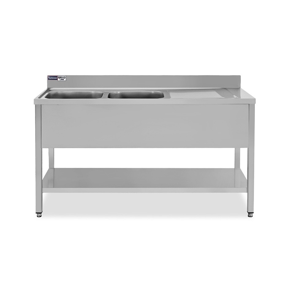 Lavello semplice con alzatina, 1 ripiano, 2 vasche, gocciolatoio a destra, L1400xP600xH965mm - con foro rubinetto Ø 32 mm