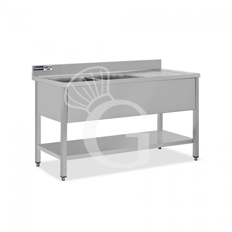 Lavello semplice con alzatina, 1 ripiano, 2 vasche, gocciolatoio a destra, L1400xP600xH965mm - con foro rubinetto Ø 32 mm