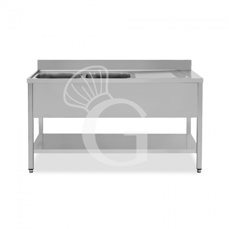 Lavello semplice con alzatina, 1 ripiano, 2 vasche, gocciolatoio a destra, L1500xP700xH950mm