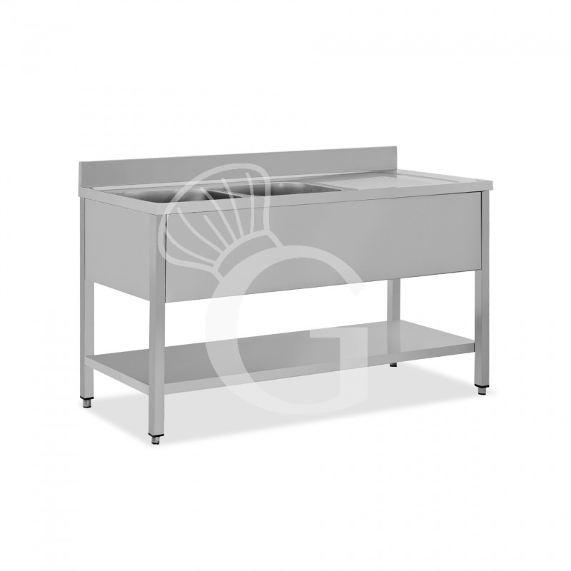 Lavello semplice con alzatina, 1 ripiano, 2 vasche, gocciolatoio a destra, L1500xP700xH950mm