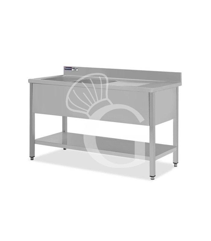 Lavello semplice con alzatina, 1 ripiano, 2 vasche, gocciolatoio a destra, L1400xP700xH965mm - con foro rubinetto Ø 32 mm