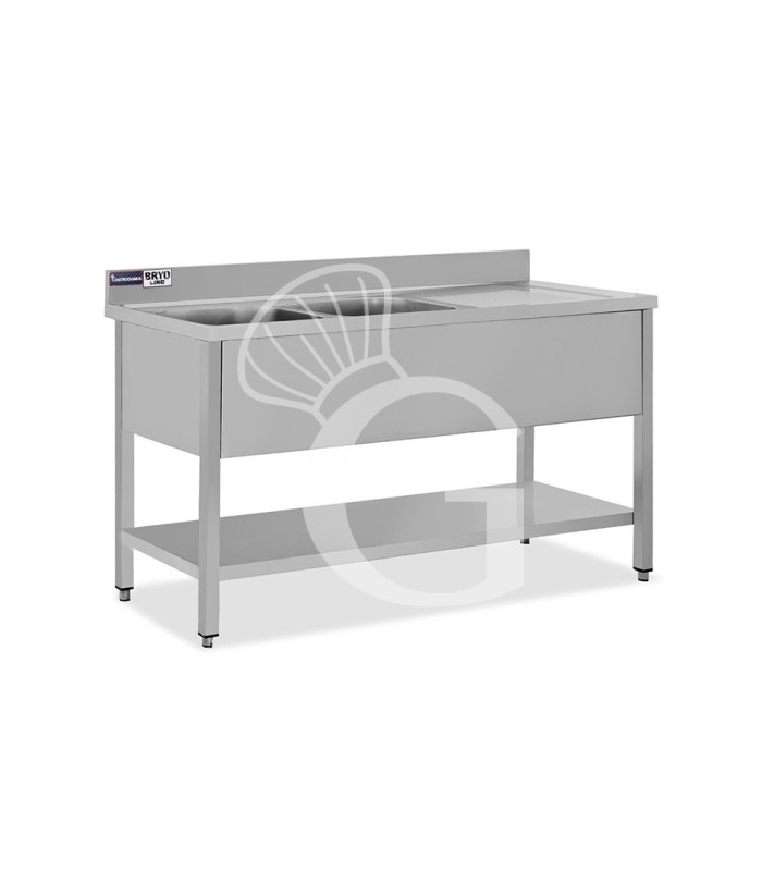 Lavello semplice con alzatina, 1 ripiano, 2 vasche, gocciolatoio a destra, L1400xP700xH965mm - con foro rubinetto Ø 32 mm