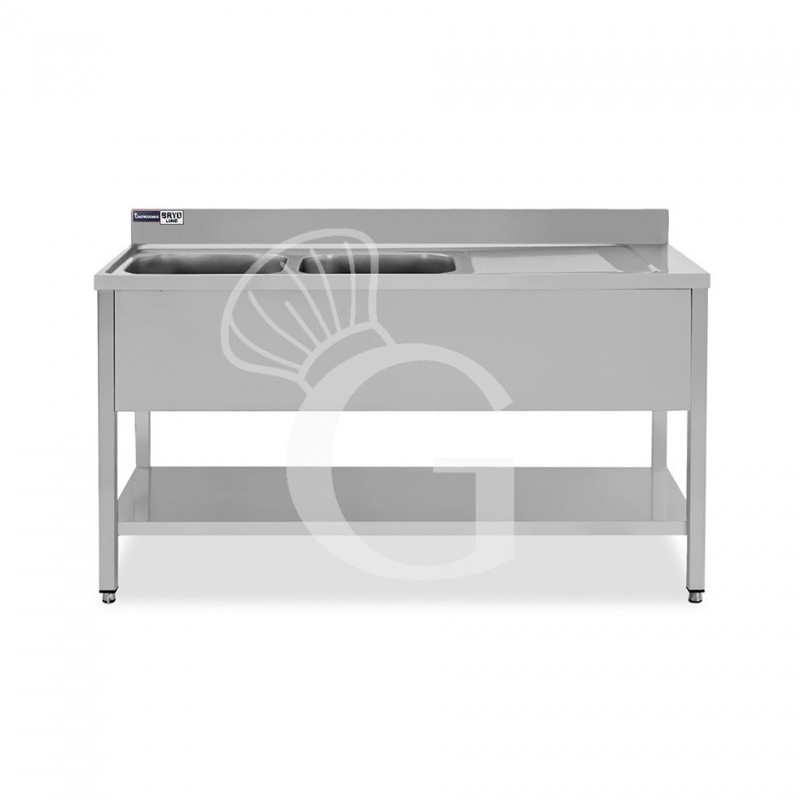 Lavello semplice con alzatina, 1 ripiano, 2 vasche, gocciolatoio a destra, L1400xP700xH965mm - con foro rubinetto Ø 32 mm