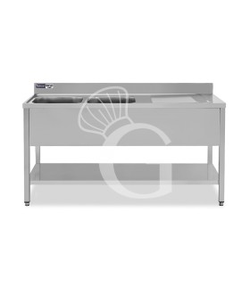 Lavello semplice con alzatina, 1 ripiano, 2 vasche, gocciolatoio a destra, L1600xP600xH965mm - con foro rubinetto Ø 32 mm