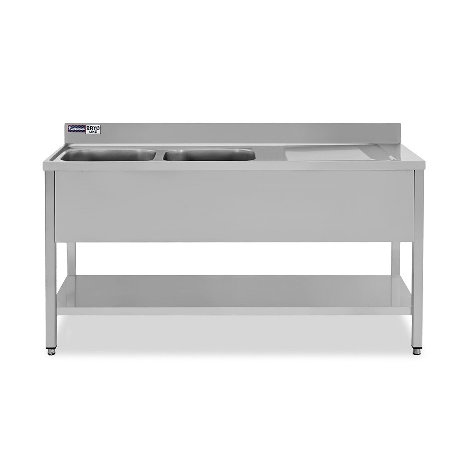 Lavello semplice con alzatina, 1 ripiano, 2 vasche, gocciolatoio a destra, L1600xP600xH965mm - con foro rubinetto Ø 32 mm
