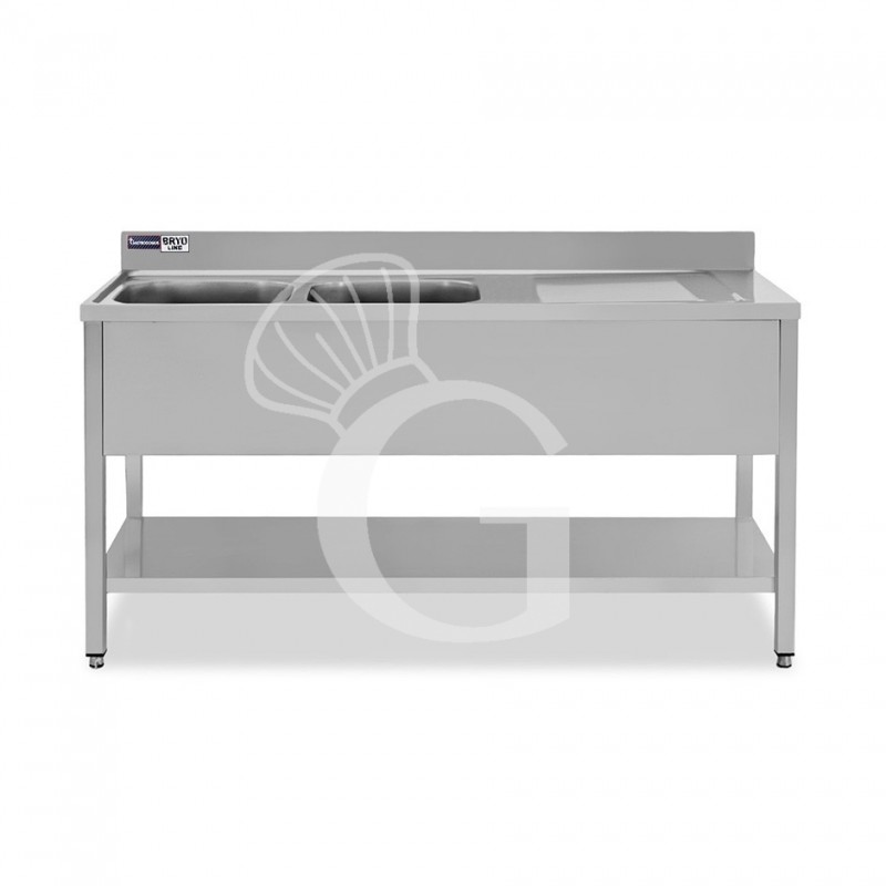 Lavello semplice con alzatina, 1 ripiano, 2 vasche, gocciolatoio a destra, L1700xP600xH965mm - con foro rubinetto Ø 32 mm