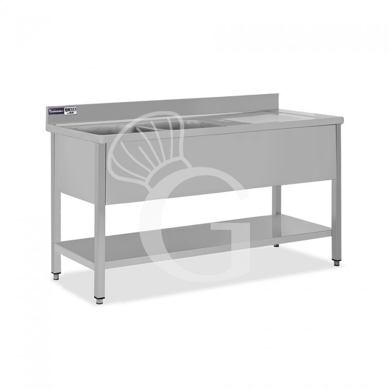 Lavello semplice con alzatina, 1 ripiano, 2 vasche, gocciolatoio a destra, L1700xP600xH965mm - con foro rubinetto Ø 32 mm