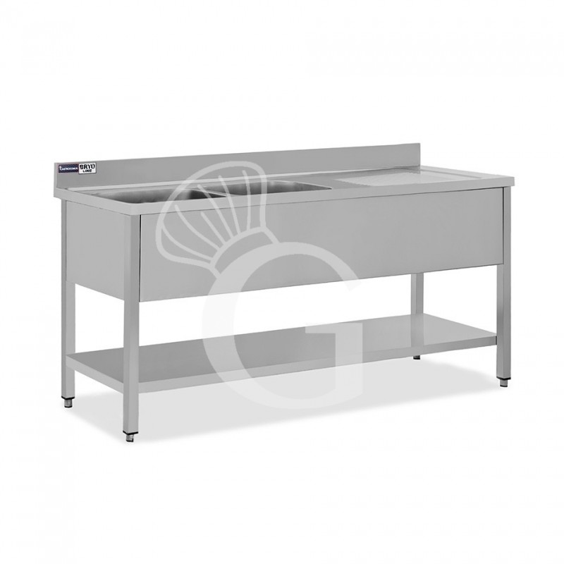 Lavello semplice con alzatina, 1 ripiano, 2 vasche, gocciolatoio a destra, L1800xP600xH965mm - con foro rubinetto Ø 32 mm