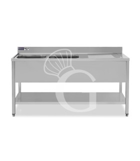Lavello semplice con alzatina, 1 ripiano, 2 vasche, gocciolatoio a destra, L2000xP700xH965mm - con foro rubinetto Ø 32 mm