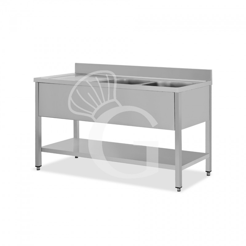 Lavello semplice con alzatina, 1 ripiano, 2 vasche, gocciolatoio a sinistra, L1500xP600xH950mm