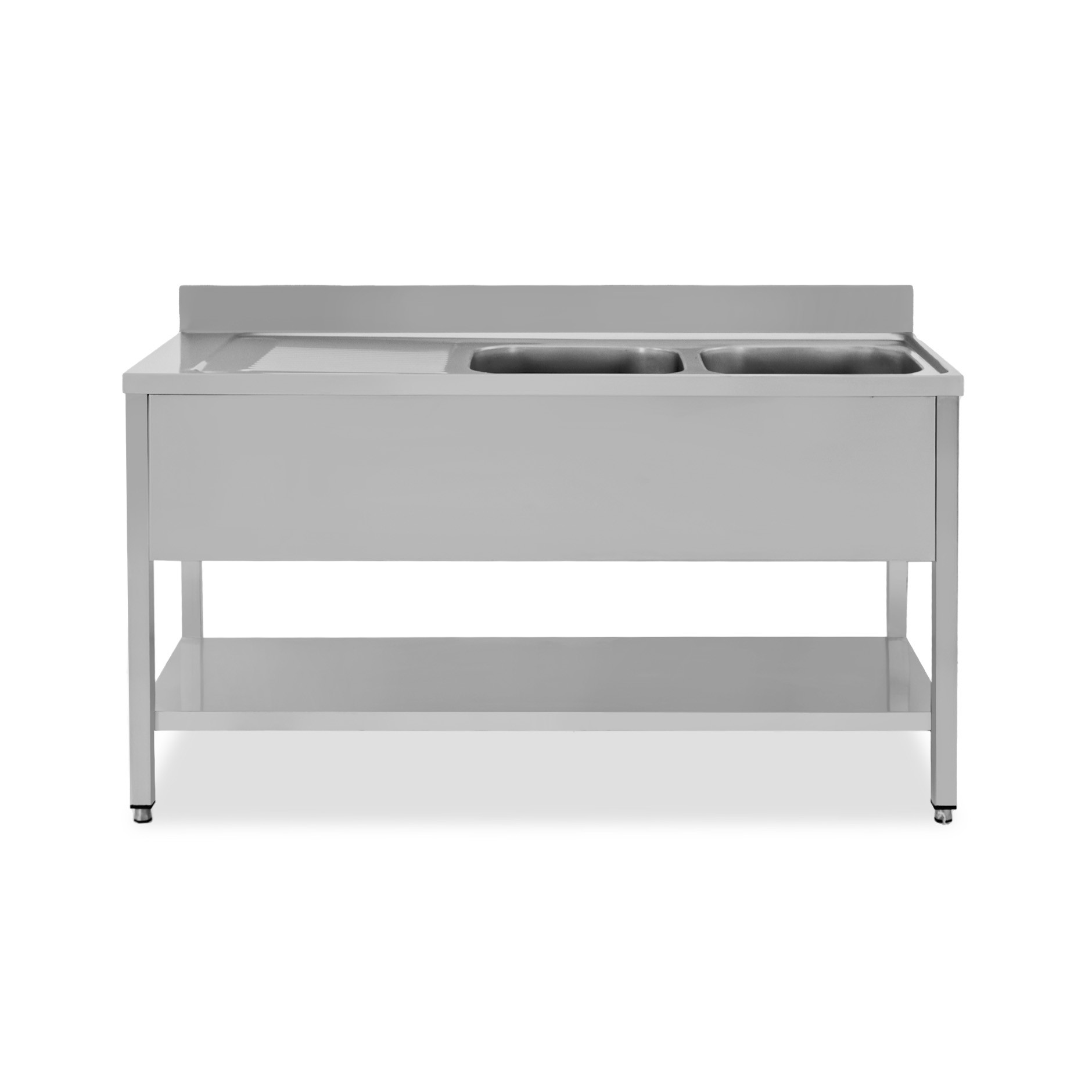 Lavello semplice con alzatina, 1 ripiano, 2 vasche, gocciolatoio a sinistra, L1500xP600xH950mm
