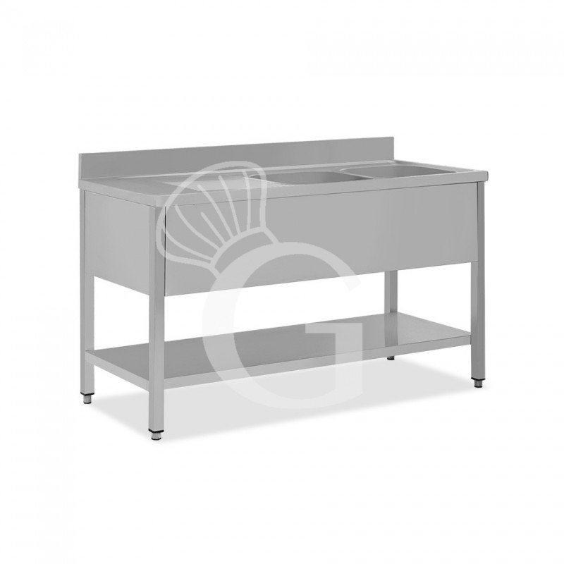 Lavello semplice con alzatina, 1 ripiano, 2 vasche, gocciolatoio a sinistra, L1500xP600xH950mm
