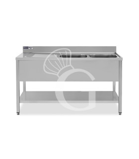 Lavello semplice con alzatina, 1 ripiano, 2 vasche, gocciolatoio a sinistra, L1400xP600xH965mm - con foro rubinetto Ø 32 mm