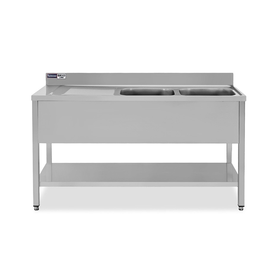 Lavello semplice con alzatina, 1 ripiano, 2 vasche, gocciolatoio a sinistra, L1400xP600xH965mm - con foro rubinetto Ø 32 mm