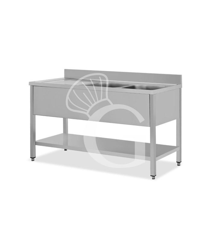 Lavello semplice con alzatina, 1 ripiano, 2 vasche, gocciolatoio a sinistra, L1500xP700xH950mm