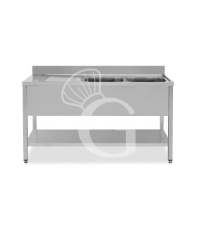 Lavello semplice con alzatina, 1 ripiano, 2 vasche, gocciolatoio a sinistra, L1500xP700xH950mm