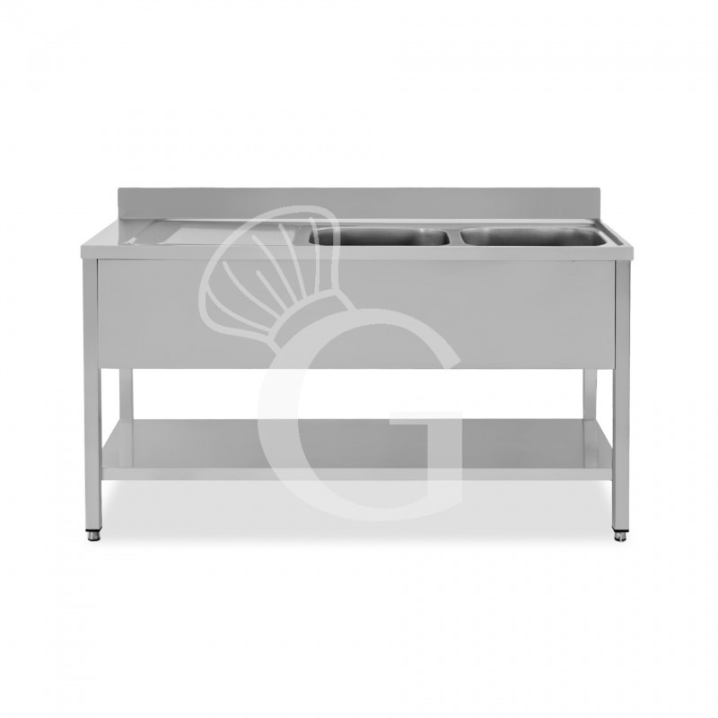 Lavello semplice con alzatina, 1 ripiano, 2 vasche, gocciolatoio a sinistra, L1500xP700xH950mm