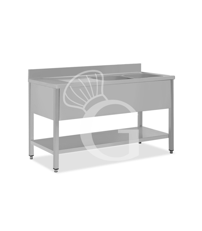 Lavello semplice con alzatina, 1 ripiano, 2 vasche, gocciolatoio a sinistra, L1500xP700xH950mm