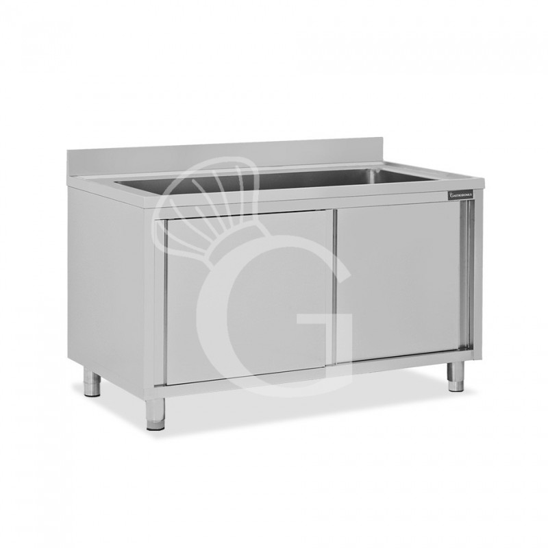 Lavapentole armadiato in acciaio inox,porte scorrevoli,alzatina,1 vasca, L 1400 x P 600 x H 950 mm