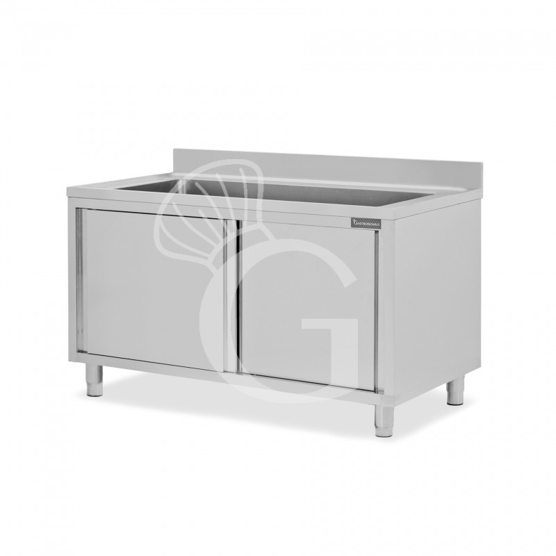 Lavapentole armadiato in acciaio inox,porte scorrevoli,alzatina,1 vasca, L 1400 x P 600 x H 950 mm
