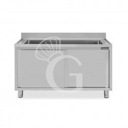 Lavapentole armadiato in acciaio inox,porte scorrevoli,alzatina,1 vasca, L 1400 x P 600 x H 950 mm