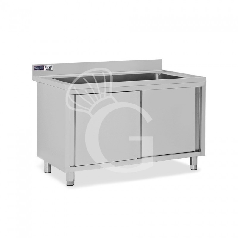 Lavapentole acciaio,porte scorrevoli,alzatina,1 vasca, L 1200 x P 700 x H 965 mm - con foro rubinetto Ø 32 mm