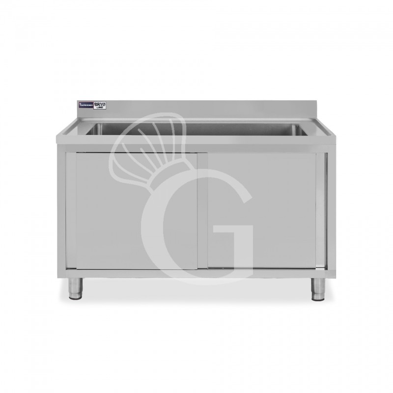 Lavapentole acciaio,porte scorrevoli,alzatina,1 vasca, L 1200 x P 700 x H 965 mm - con foro rubinetto Ø 32 mm
