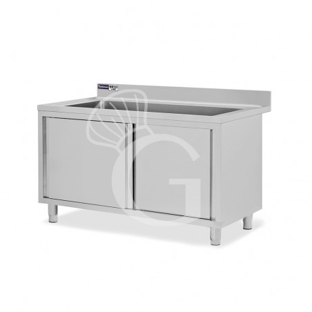 Lavapentole armadiato in acciaio inox,porte scorrevoli,alzatina,1 vasca, L 1400 x P 600 x H 965 mm - con foro rubinetto Ø 32 mm Lavapentole armadiato in acciaio inox,porte scorrevoli,alzatina,1 vasca, L 1400 x P 600 x H 965 mm - con foro rubinetto Ø 32 mm