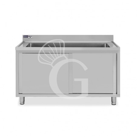 Lavapentole armadiato in acciaio inox,porte scorrevoli,alzatina,1 vasca, L 1400 x P 600 x H 965 mm - con foro rubinetto Ø 32 mm Lavapentole armadiato in acciaio inox,porte scorrevoli,alzatina,1 vasca, L 1400 x P 600 x H 965 mm - con foro rubinetto Ø 32 mm