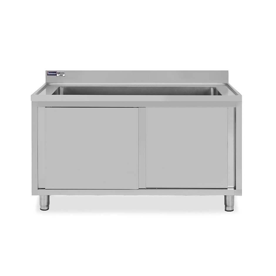 Lavapentole armadiato in acciaio inox,porte scorrevoli,alzatina,1 vasca, L 1400 x P 600 x H 965 mm - con foro rubinetto Ø 32 mm