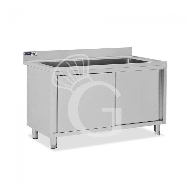 Lavapentole armadiato in acciaio inox,porte scorrevoli,alzatina,1 vasca, L 1400 x P 600 x H 965 mm - con foro rubinetto Ø 32 mm
