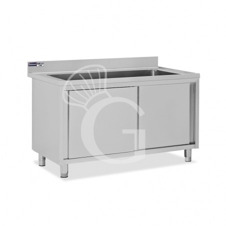 Lavapentole armadiato in acciaio inox,porte scorrevoli,alzatina,1 vasca, L 1400 x P 600 x H 965 mm - con foro rubinetto Ø 32 mm Lavapentole armadiato in acciaio inox,porte scorrevoli,alzatina,1 vasca, L 1400 x P 600 x H 965 mm - con foro rubinetto Ø 32 mm